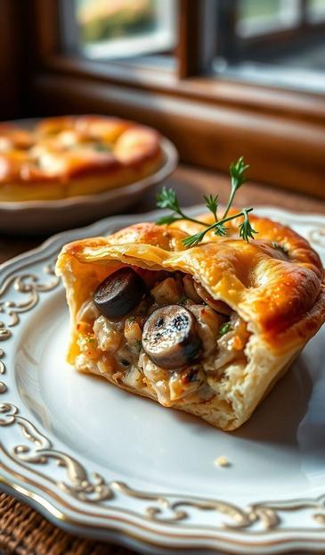 Закуска Тарталетки из слоеного теста с курицей, грибами и сыром