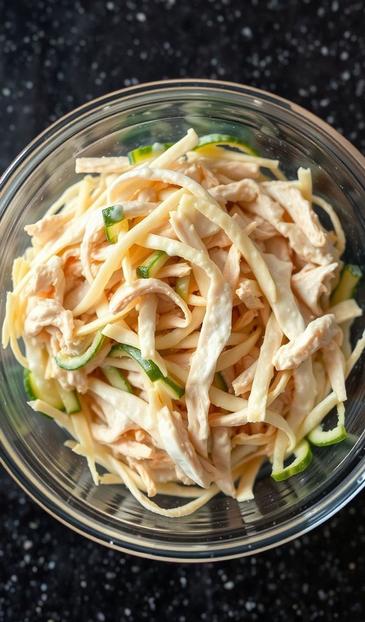 Легкий салат с курицей, огурцом и яичными блинчиками