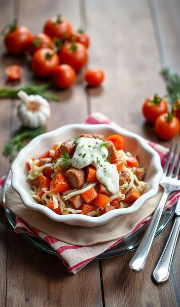 Бахор с колбасой и овощами